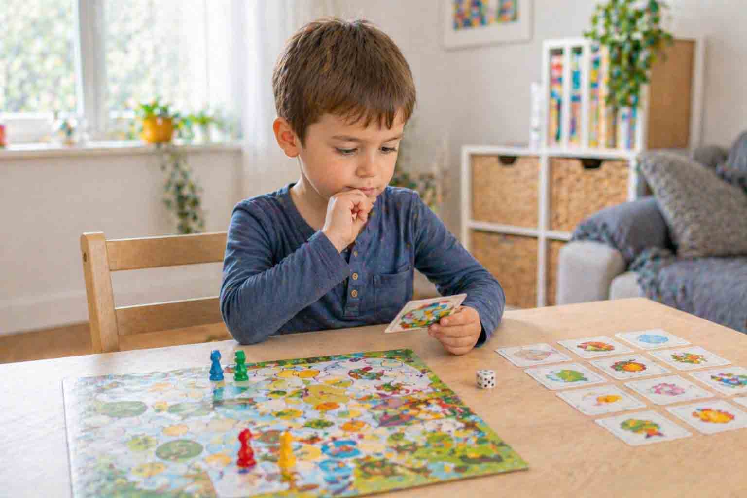 ילד משחק משחק קופסה בסלון וחושב לעומק